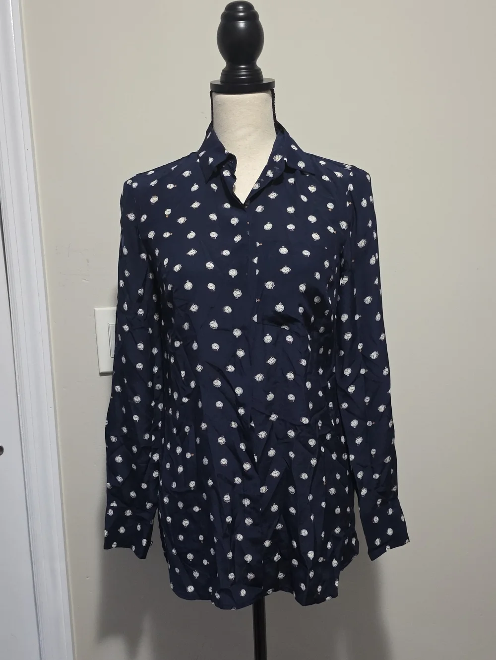 J Crew Ticktock Clock Silk Button Down Shirt Sz 00